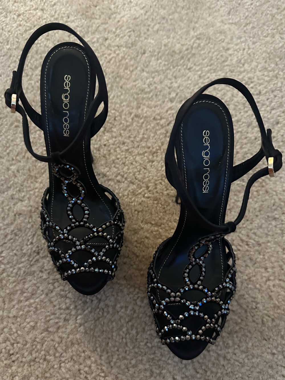 Sergio Rossi Satin Crystal T-Strap Platform Heels Size 35.5